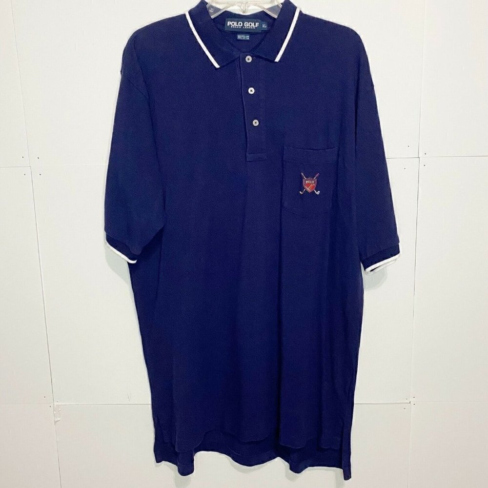 Ralph Lauren Polo Golf Short Sleeve Shirt Golf Club Shield Logo XL Navy Knit